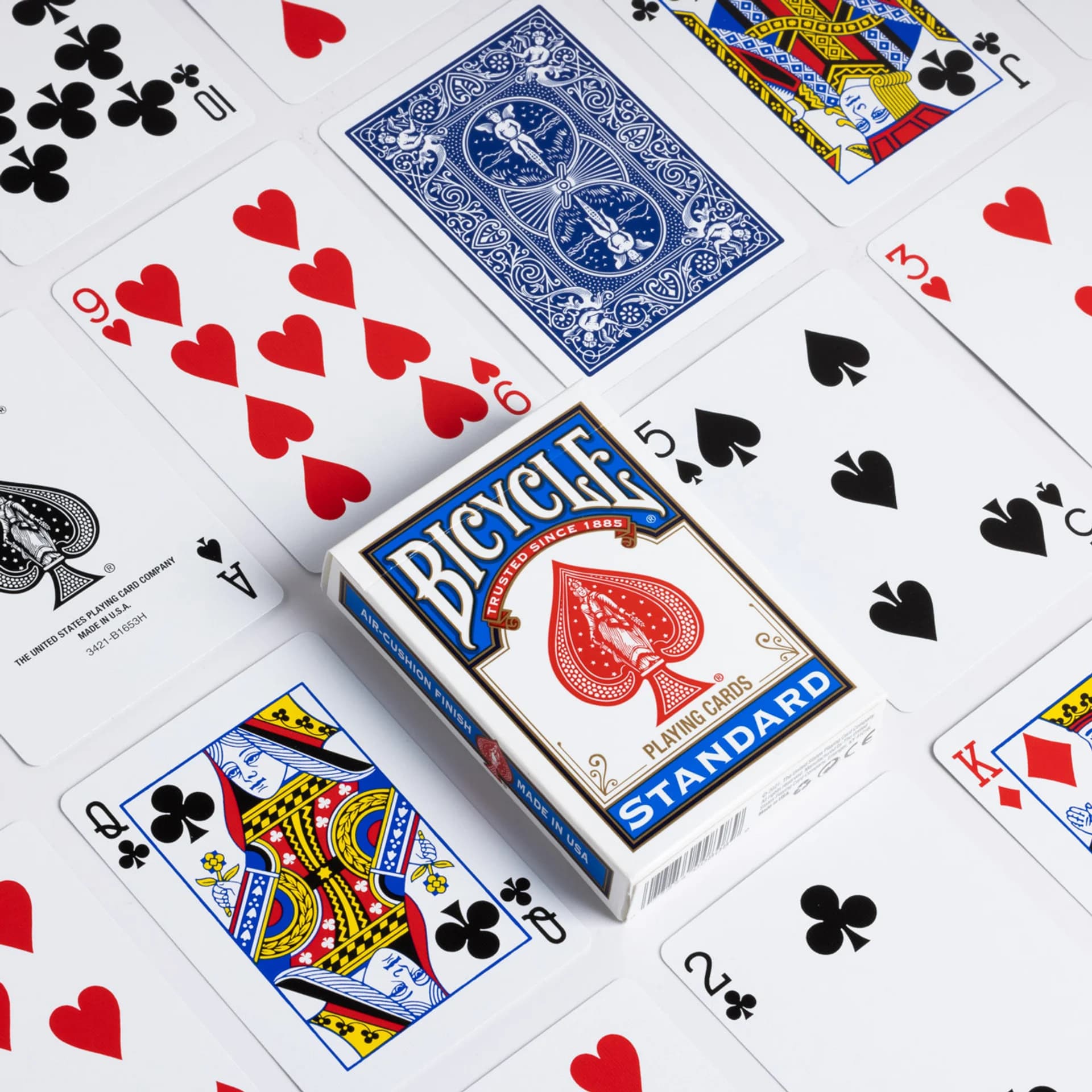 Bicycle Standards, regular index blue back box, face and back display from Poker Supplies UK