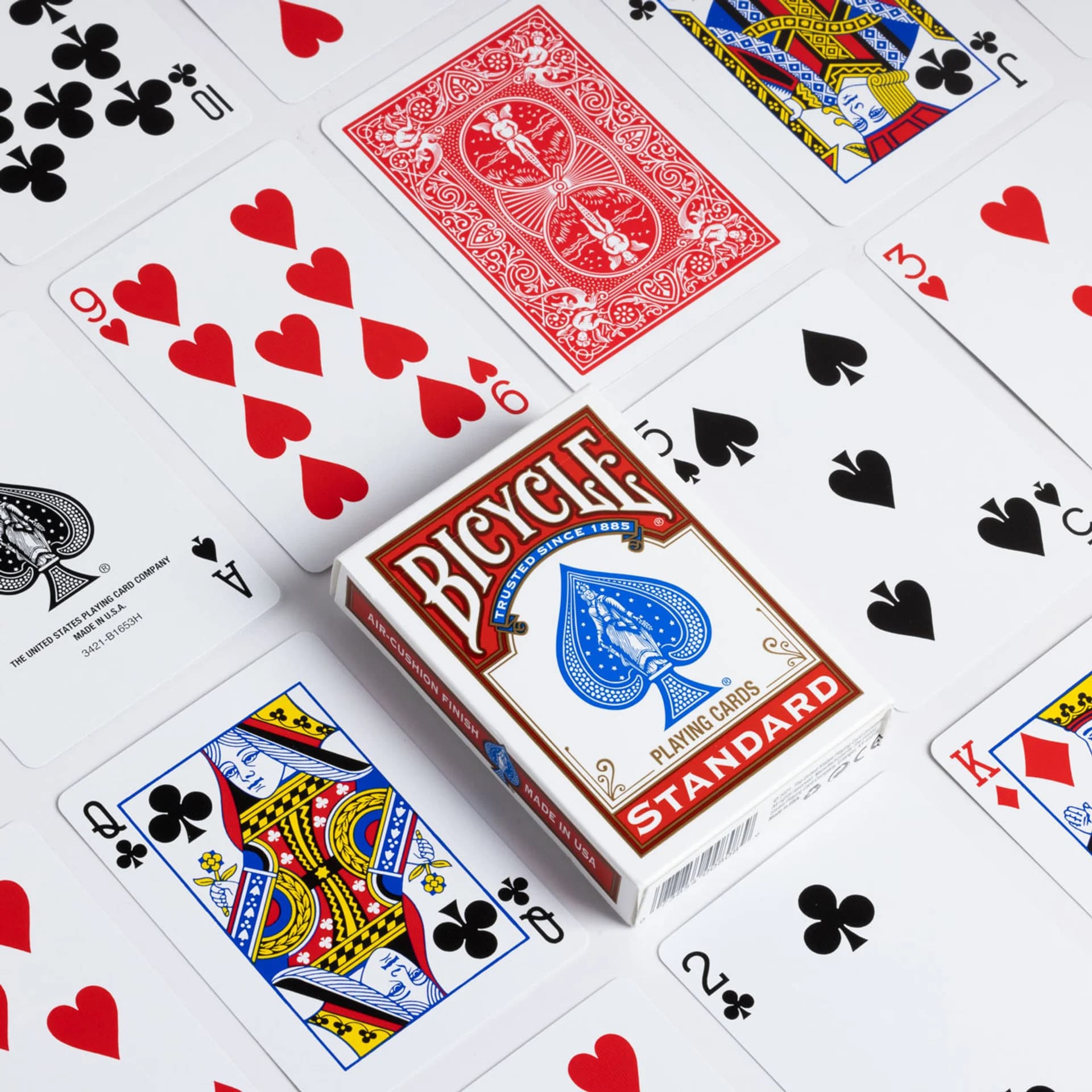 Bicycle Standards, regular index red back box, face and back display from Poker Supplies UK