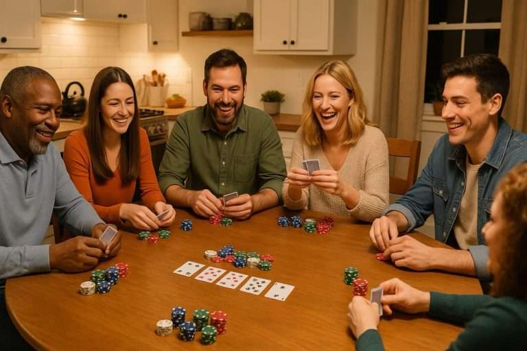 people sat around a kitchen table playing poker and having fun