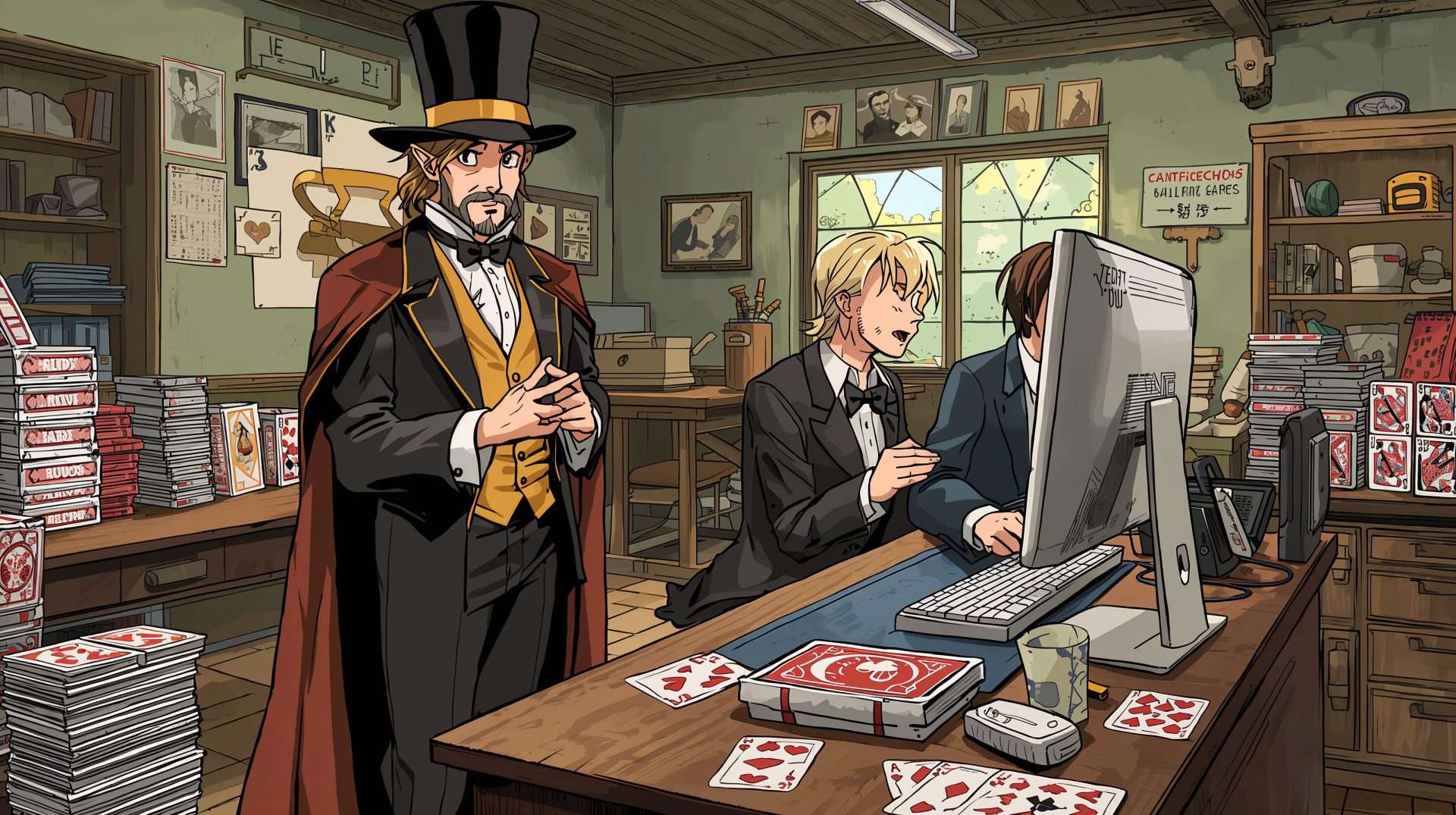 magician next to computer designing Bicycle playing cards